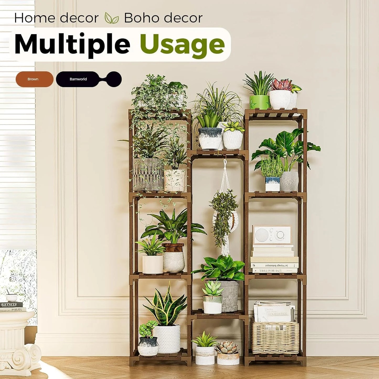 Plant Stand Indoor Outdoor Hanging Plant Shelf ,Wood Flower Stand Tall Large Flower Holder for Living Room, Patio, Balcony, Brown