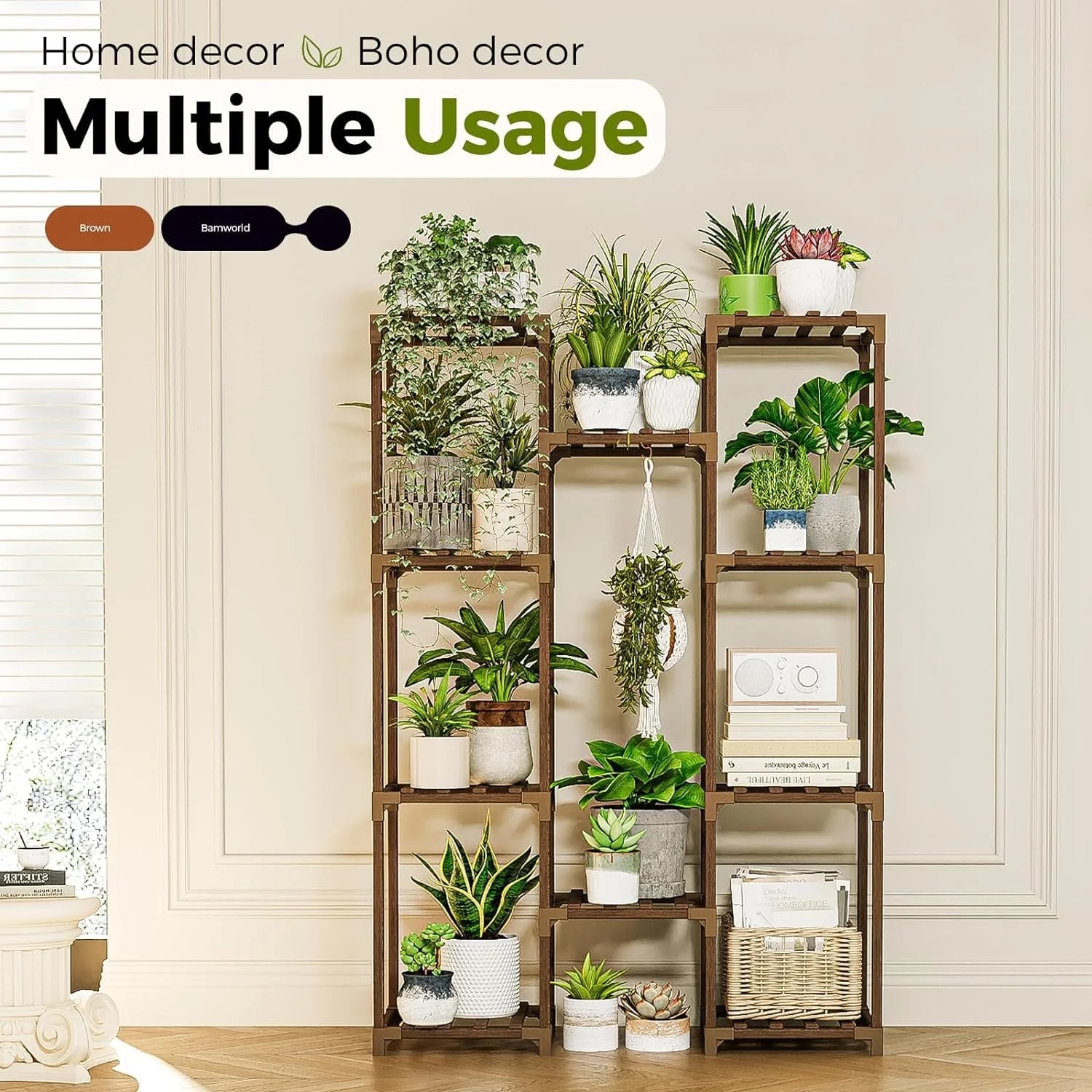 Plant Stand Indoor Outdoor Hanging Plant Shelf ,Wood Flower Stand Tall Large Flower Holder for Living Room, Patio, Balcony, Brown