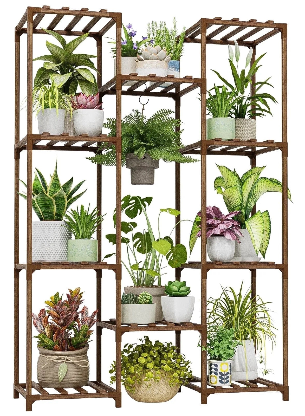 Plant Stand Indoor Outdoor Hanging Plant Shelf ,Wood Flower Stand Tall Large Flower Holder for Living Room, Patio, Balcony, Brown