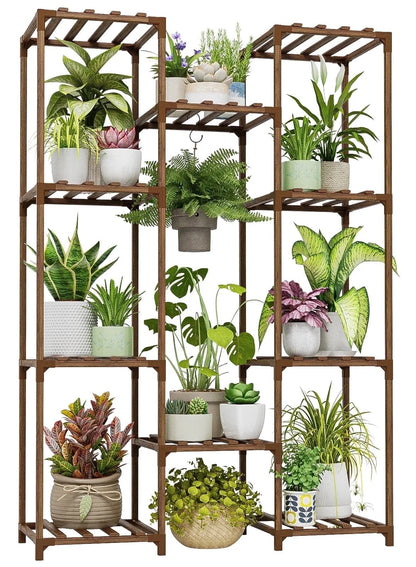 Plant Stand Indoor Outdoor Hanging Plant Shelf ,Wood Flower Stand Tall Large Flower Holder for Living Room, Patio, Balcony, Brown