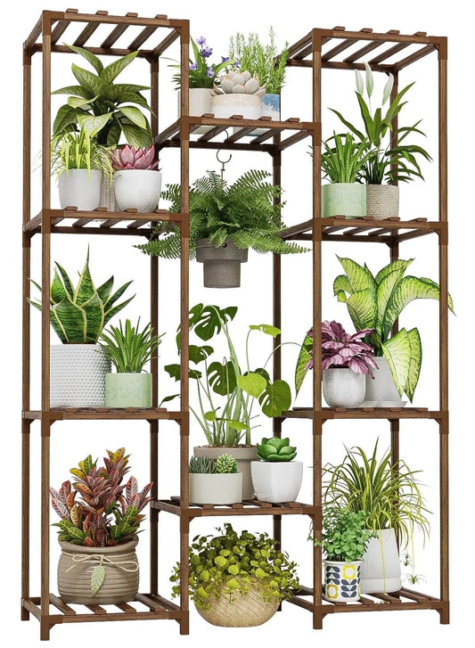 Plant Stand Indoor Outdoor Hanging Plant Shelf ,Wood Flower Stand Tall Large Flower Holder for Living Room, Patio, Balcony, Brown